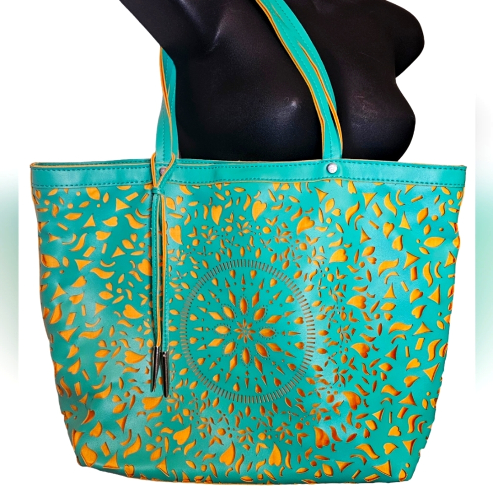 [Carlos-by Carlos Santana] Vibrant Turquoise & Yellow Floral Laser-Cut Tote Bag